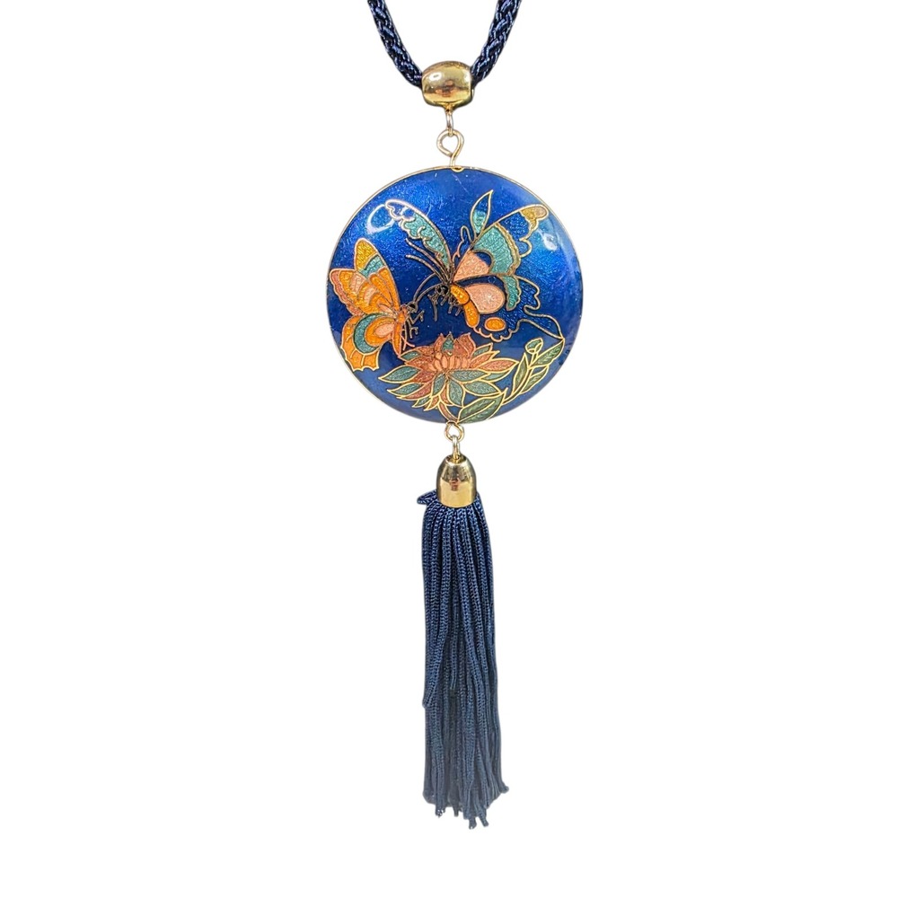 Vintage Blue Cloisonne Butterfly Floral Tassel Pendant Necklace Magnetic Clasp
